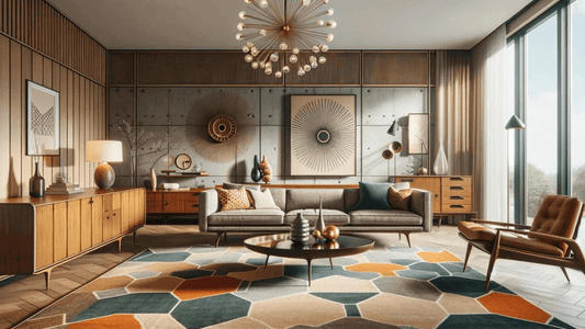 Stylish luxury living room featuring a modern sofa, geometric rug, and elegant decor with natural light.