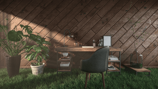 Cozy sustainable home office with a wooden desk, chair, and greenery, showcasing eco-friendly design.