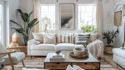 Stylish living room interior demonstrating how to create a designer look on a budget.