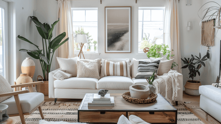 Stylish living room interior demonstrating how to create a designer look on a budget.