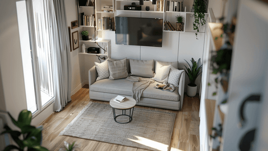 Modern living room showcasing space-saving furniture solutions with a cozy sofa and stylish decor.
