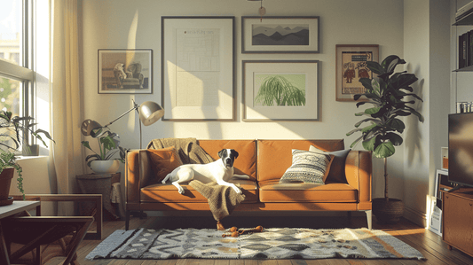 A cozy living room featuring a dog on a stylish sofa, illustrating pet-friendly sofas in a beautiful setting.