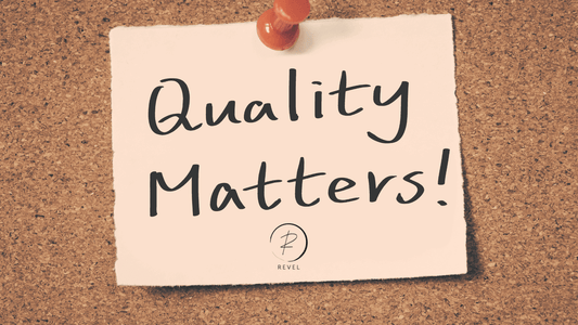 Note on corkboard saying 'Quality Matters!' emphasizing the importance of well-made furniture.