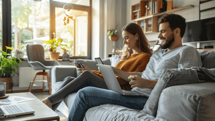 A couple enjoying their time on a cozy sofa while exploring furniture financing options online.