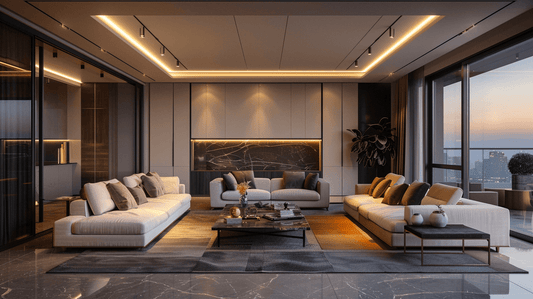 Modern two-sofa living room design with stylish sofas facing each other and an elegant coffee table.