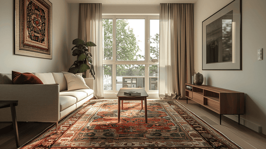 How to Design a Living Room Around a Rug (Instead of Starting With the Sofa) featuring a cozy space with a vibrant rug.