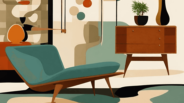 Stylish mid-century modern living room featuring a turquoise chair and wooden furniture, enhancing timeless interior design.