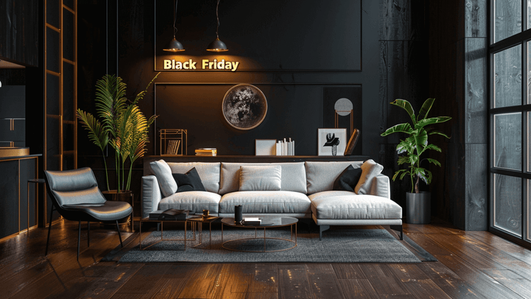 Stylish living room showcasing Black Friday furniture deals 2025 with modern décor and plants.