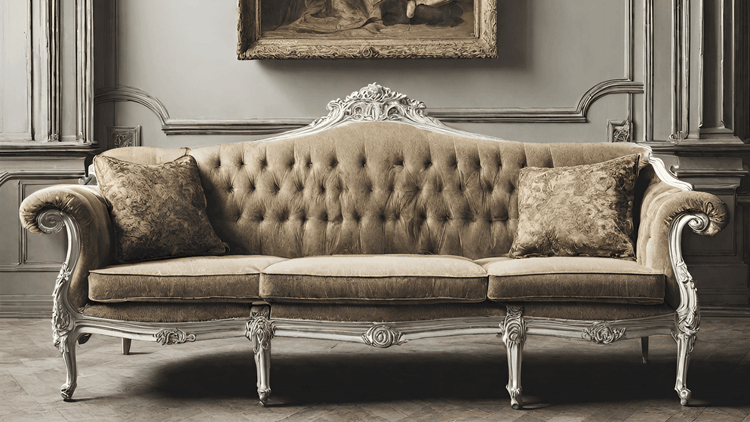 Elegant vintage sofa with tufted upholstery and decorative wooden accents.