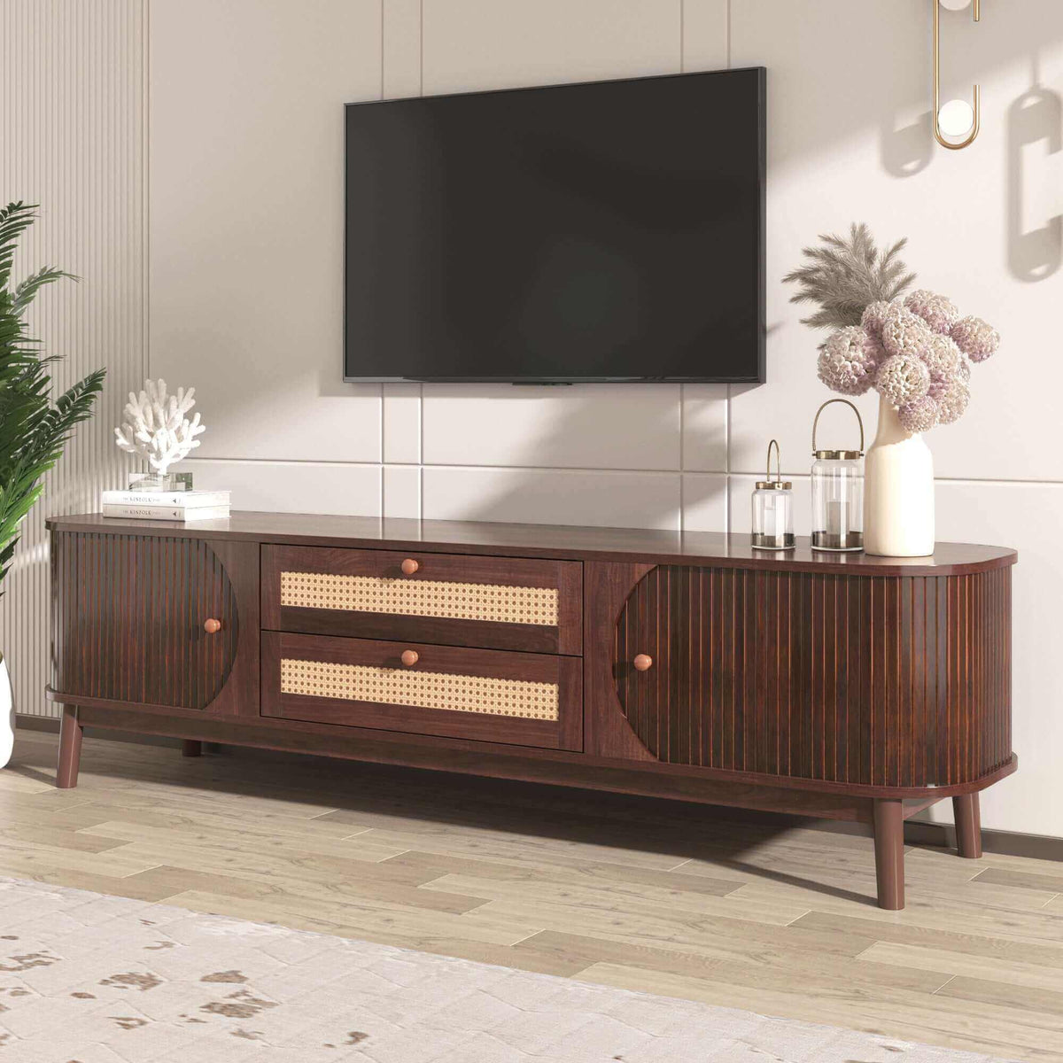MCM Styled TV Stand Entertainment Center Solid Wood & MDF, Brown 67" - Revel Sofa 
