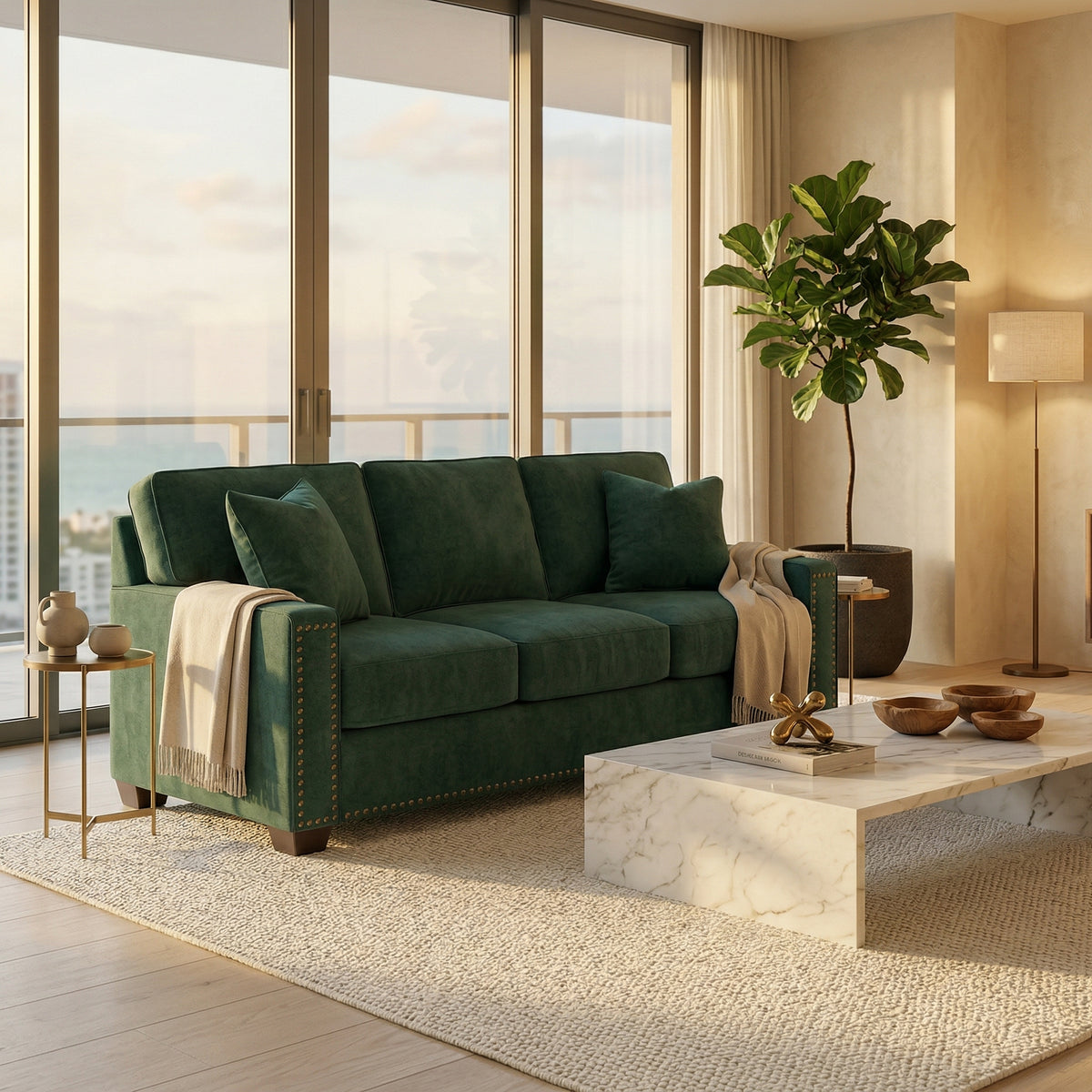 Clifford 2-Arm Sofa – Handcrafted in the USA, Custom Fabric Options - Velvet Antique Kelly Green - Velvet (3)