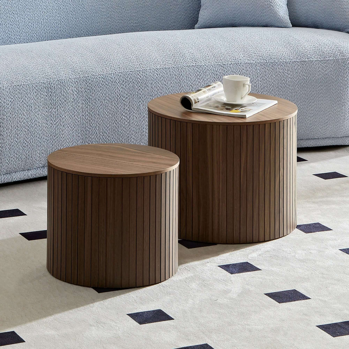 Handcrafted MDF Round Accent Table Set (2-Piece) – Nesting Side Tables with Storage (2 Colors) on living room rug.