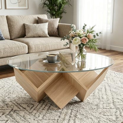 The Round Coffee Table with Glass Top and Geometric Abstract Art Deco Base Storage Shelves, Natural, 35.4"