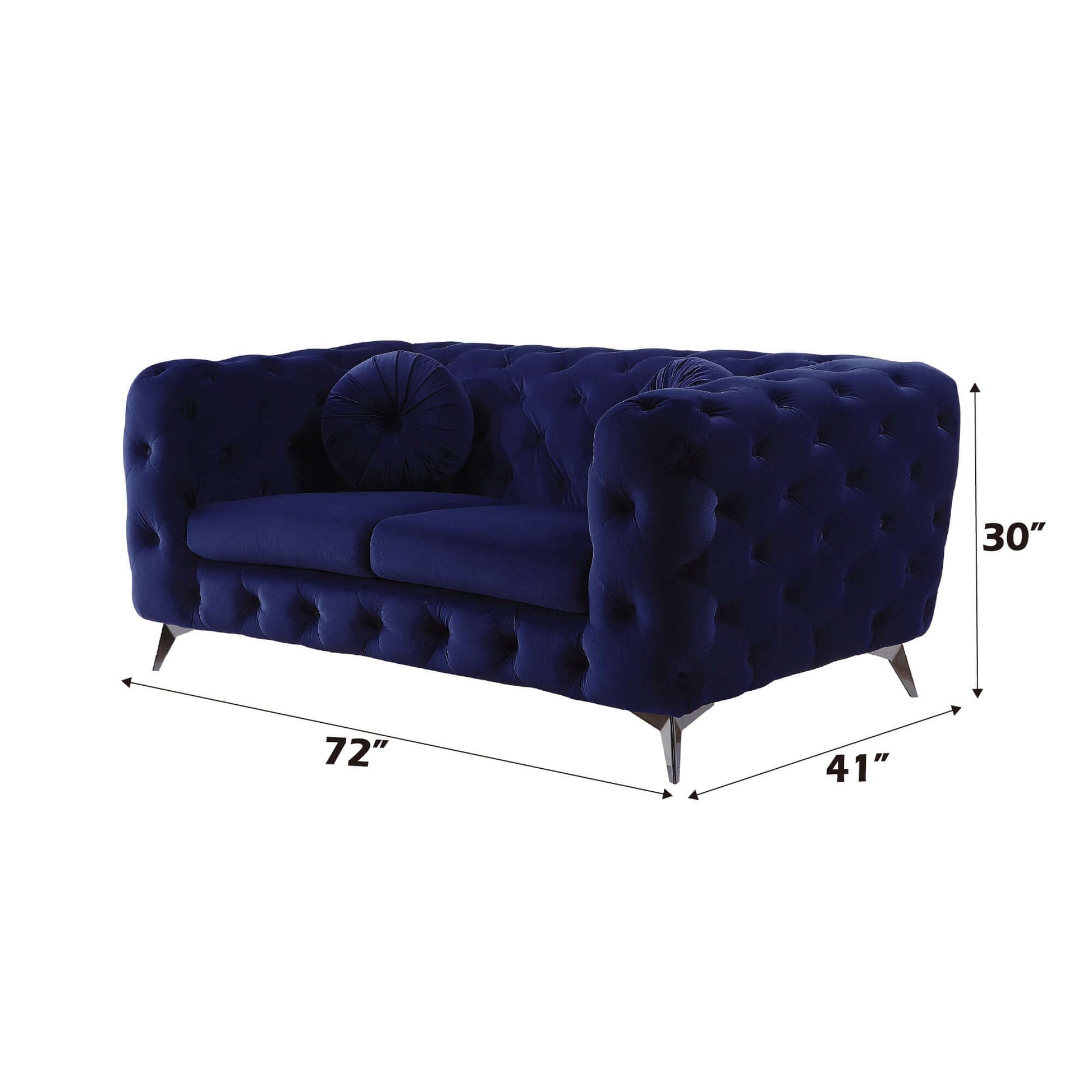 Atronia Luxe Deco Blue Velvet Sofa Loveseat 72" with dramatic button tufting and plush comfort, perfect for stylish spaces.
