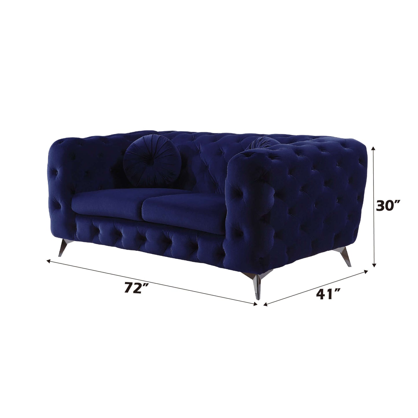 Atronia Luxe Deco Blue Velvet Sofa Loveseat 72" with dramatic button tufting and plush comfort, perfect for stylish spaces.