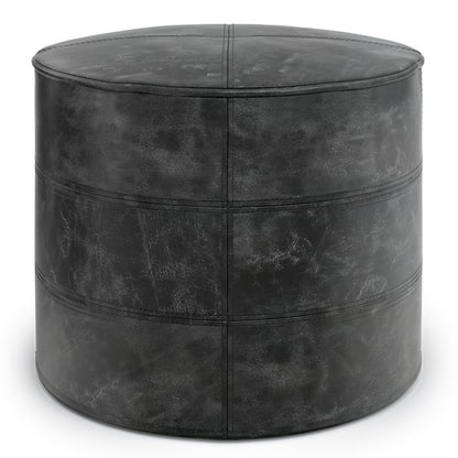 Connor Distressed Black Leather Pouf – 18" Round Genuine Leather Ottoman