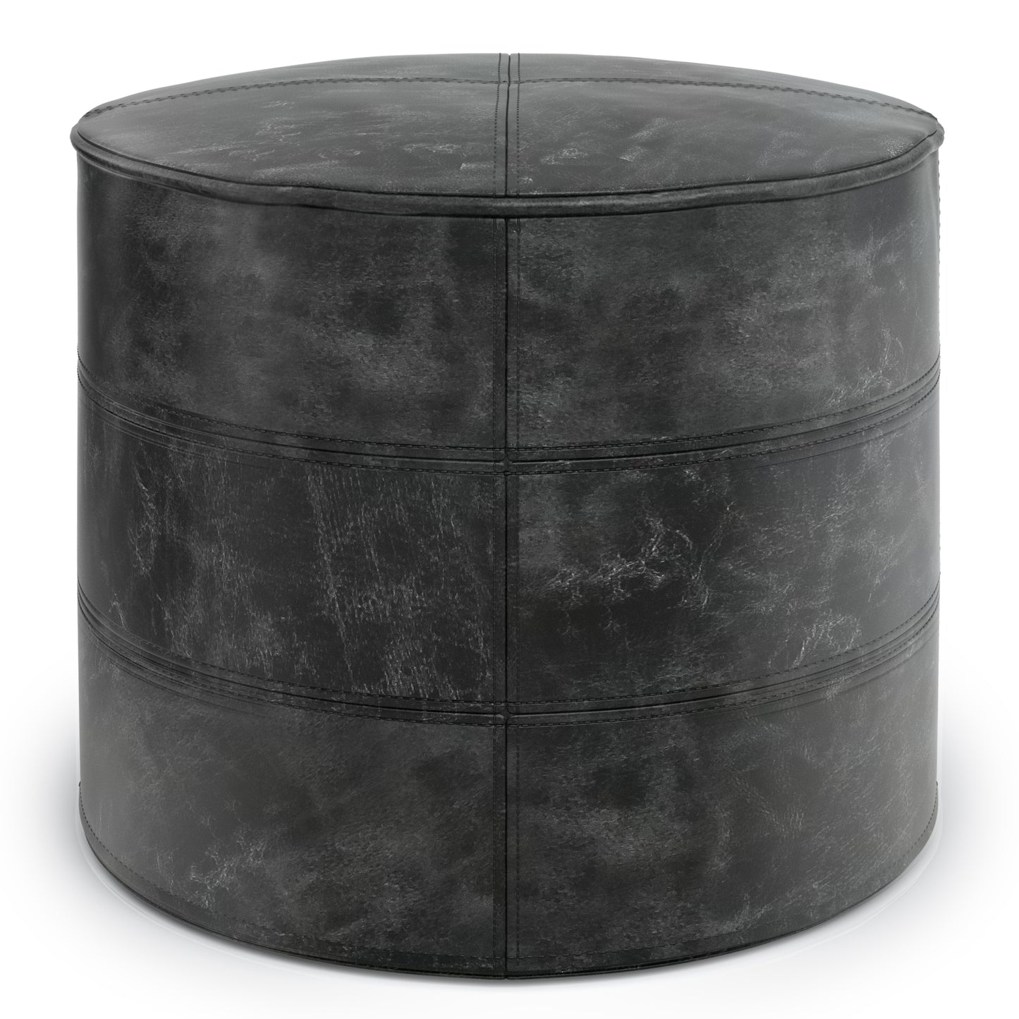 Connor Distressed Black Leather Pouf – 18" Round Genuine Leather Ottoman
