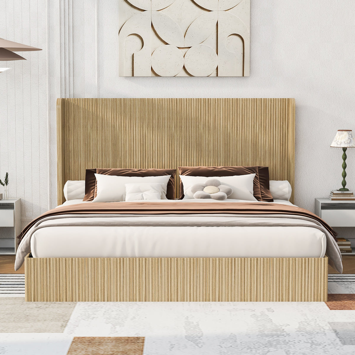 King Size Mid-Century Fluted Wood Bed Frame, Tall Wingback Headboard, Low Profile Platform Bed, No Box Spring Needed