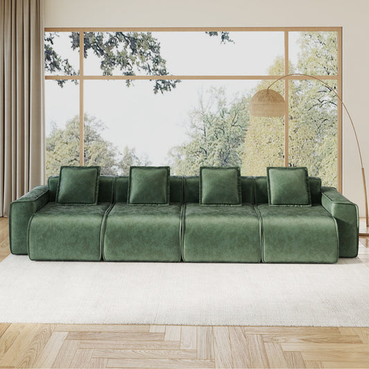 Streamlined Design Deep Seat Modular 4 Seat Boneless Sofa with French Edge Piping in Green