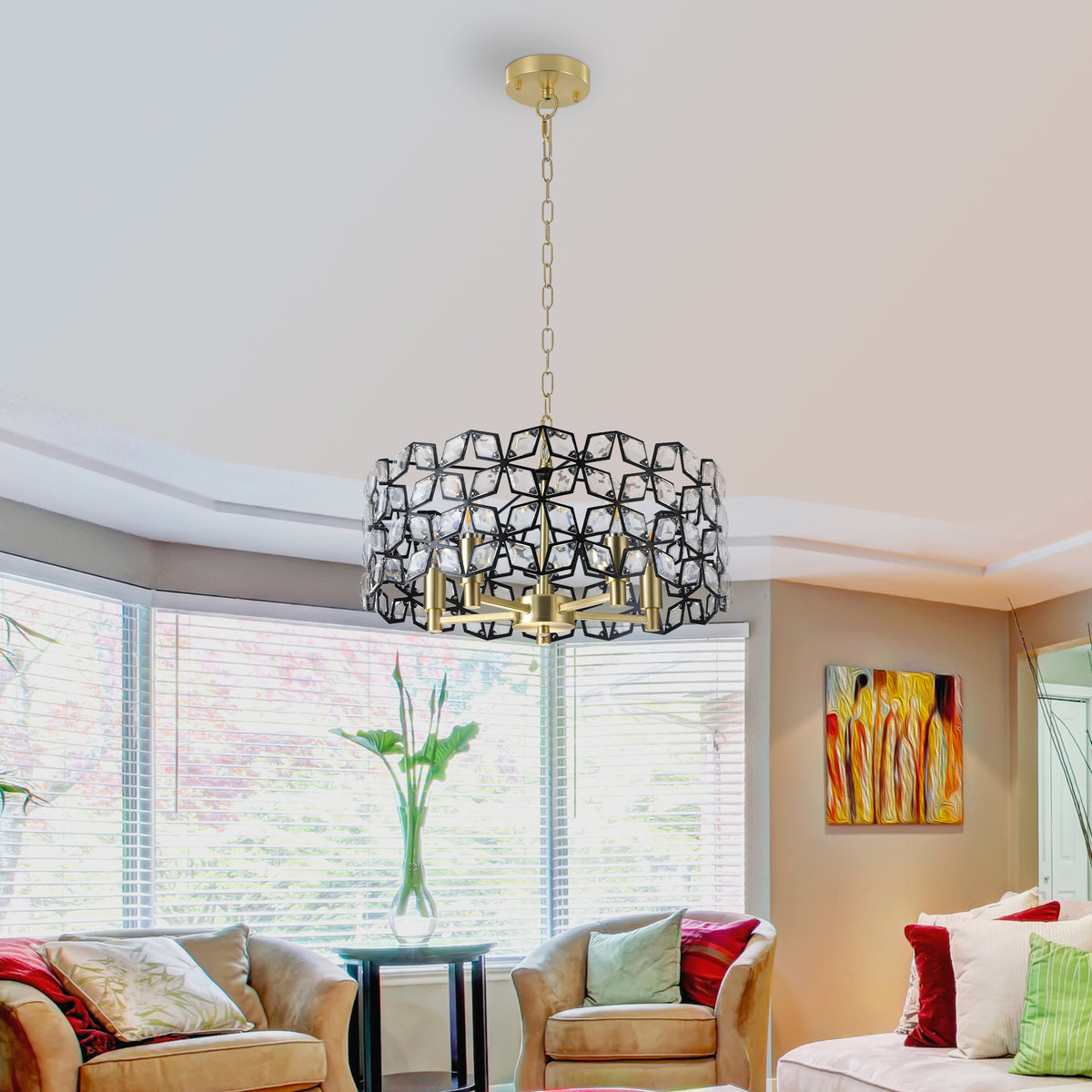 19" Geometric Crystal and Black Gold Round Pendant Chandelier, Modern 5-Light Fixture for Living Room
