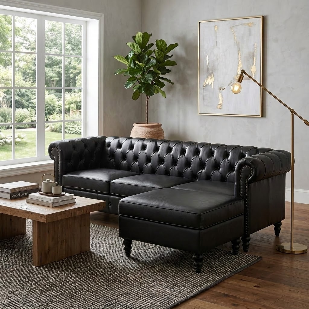 Calder Faux Leather Sectional – 85" L-Shaped 4-Seater with Storage Ottoman (2 Colors)