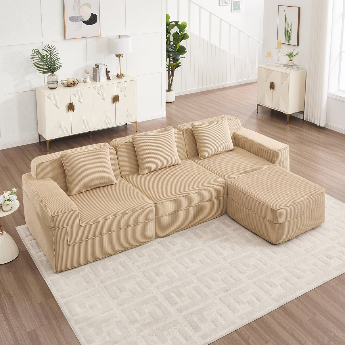 Modular 3 Seat L Shape Sectional Boneless Sofa, Corduroy Fabric