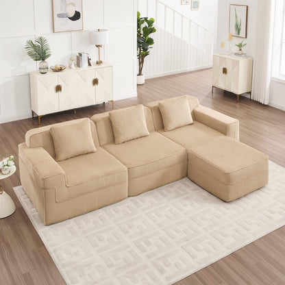 Modular 3 Seat L Shape Sectional Boneless Sofa, Corduroy Fabric