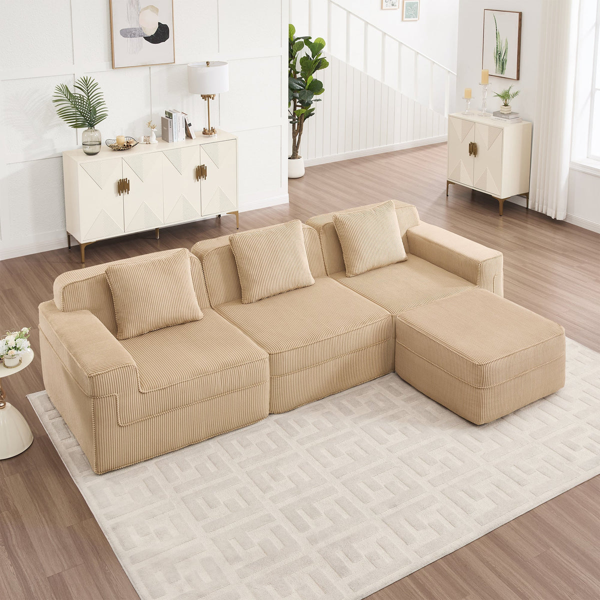 Dorin Corduroy Modular Sectional in Camel, 3-Seat L-Shape
