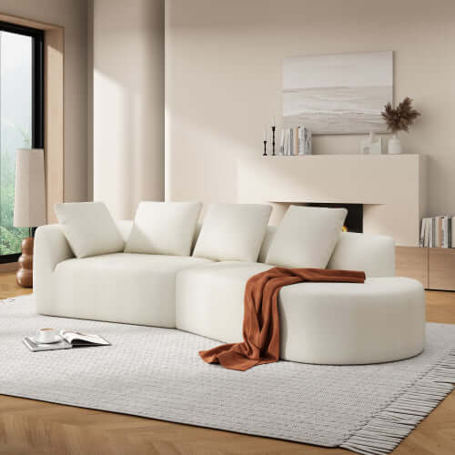 Modern Low Profile Modular Curved Foam Sofa 116' (4 Colors) in a bright living room setting.