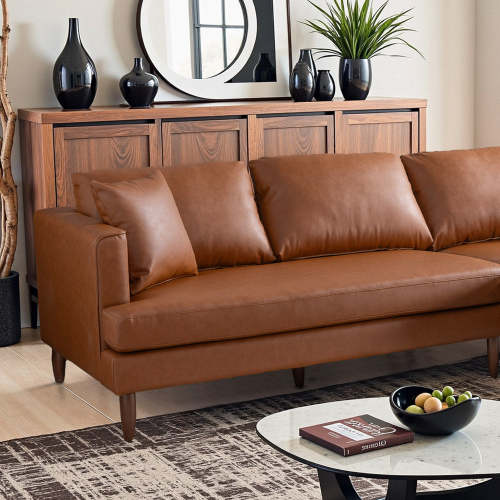 Cognac Leather Sectional Sofa Right-Facing Chaise 107” – in room setting