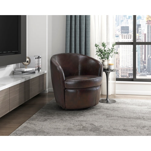 Top-Grain Leather Barrel Swivel Chair – Modern Luxury 360° Accent Chair (3 Colors) in a stylish living room setting.