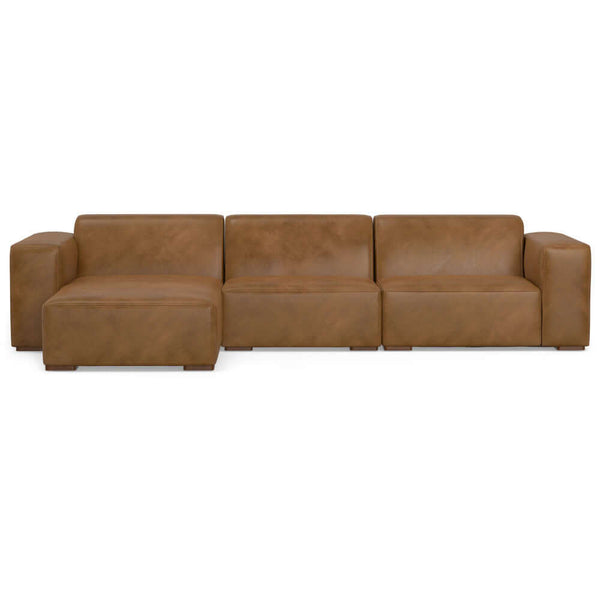 Rex Top-Grain Leather Left-Facing Chaise Sofa Sectional in Caramel Brown, modern design, comfortable seating for four.