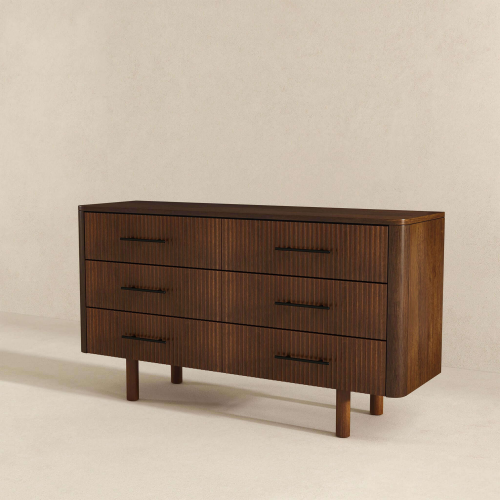 Logan Solid Wood 6-Drawer Dresser – 55” Walnut Bedroom Storage (Mid-Century Modern)