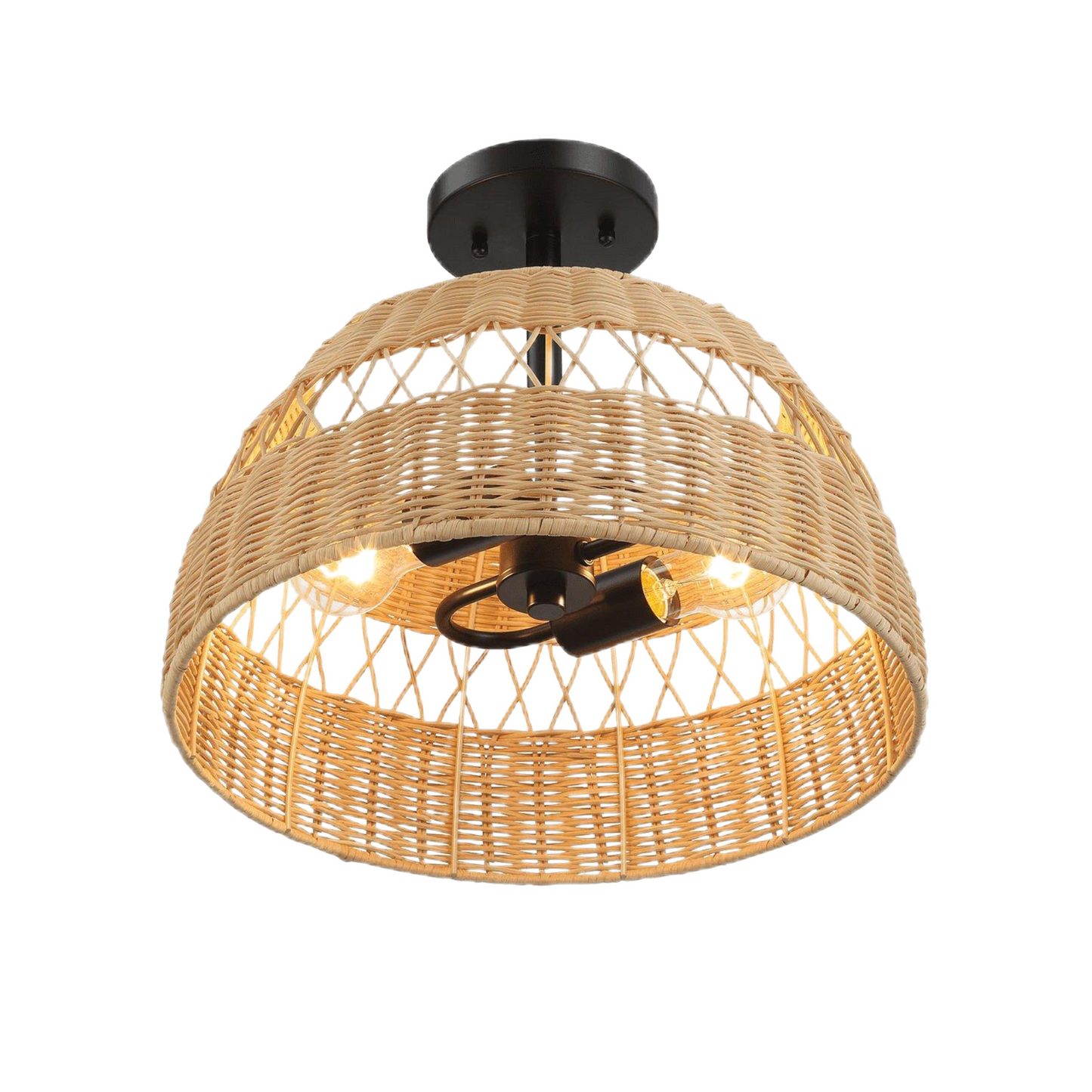 Twinkle Black Metal Two-Light Semi Flush Mount – 15" Rattan Shade Farmhouse Light