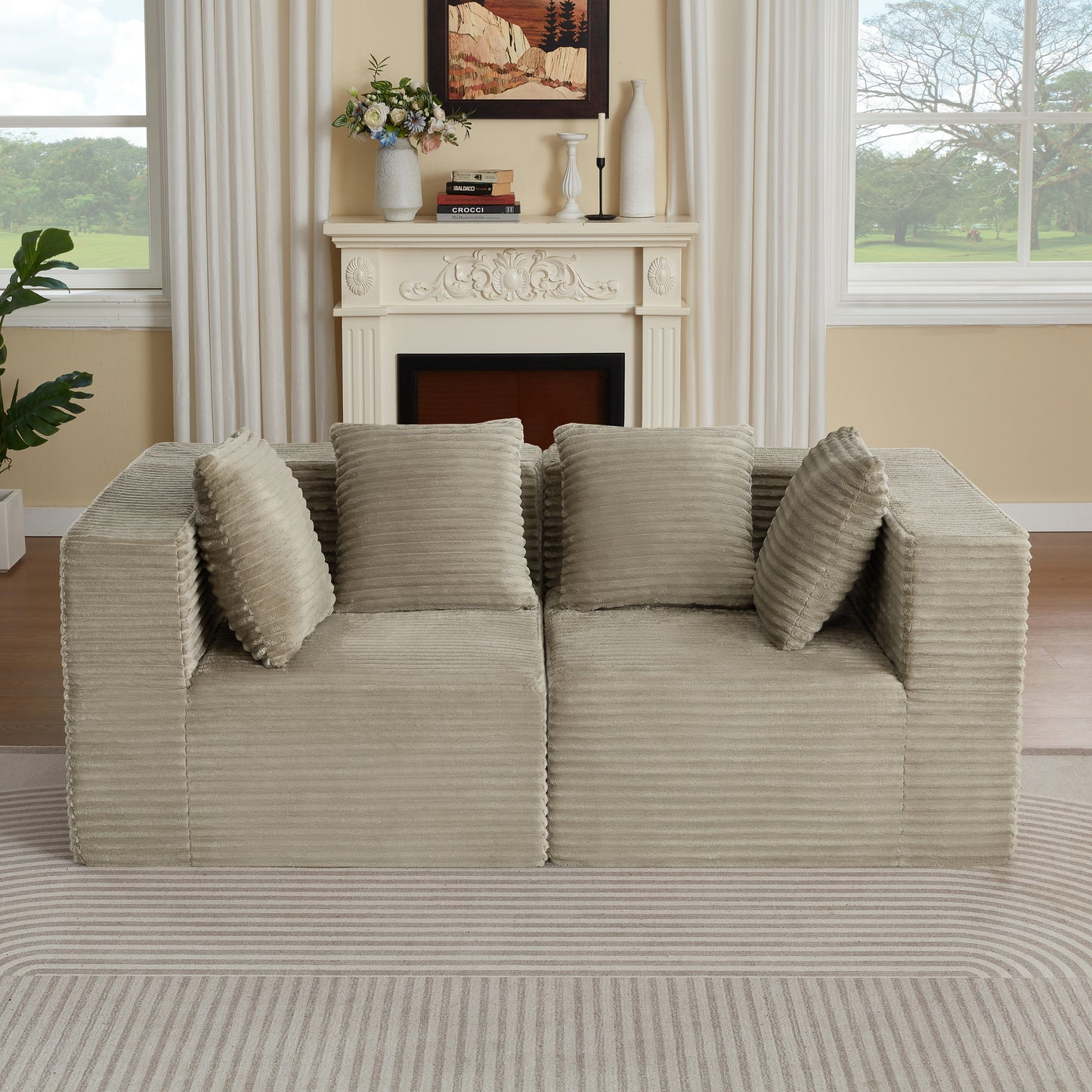 Abernathy Camel Corduroy Modular Sofa – 2-Seat Boneless Compressed Couch