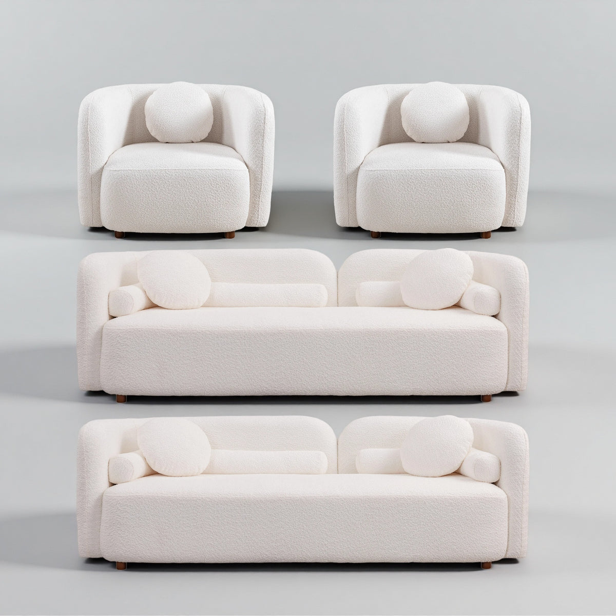 Kenna Living Room Set in White, 2 Sofas + 2 Square Chairs