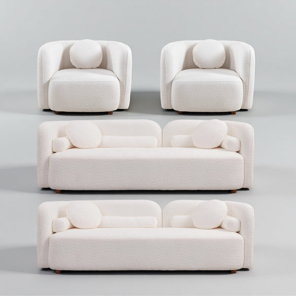 Kenna Living Room Set in White, 2 Sofas + 2 Square Chairs
