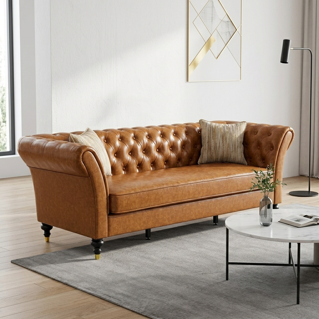 Barrington Chesterfield faux leather sofa in light brown