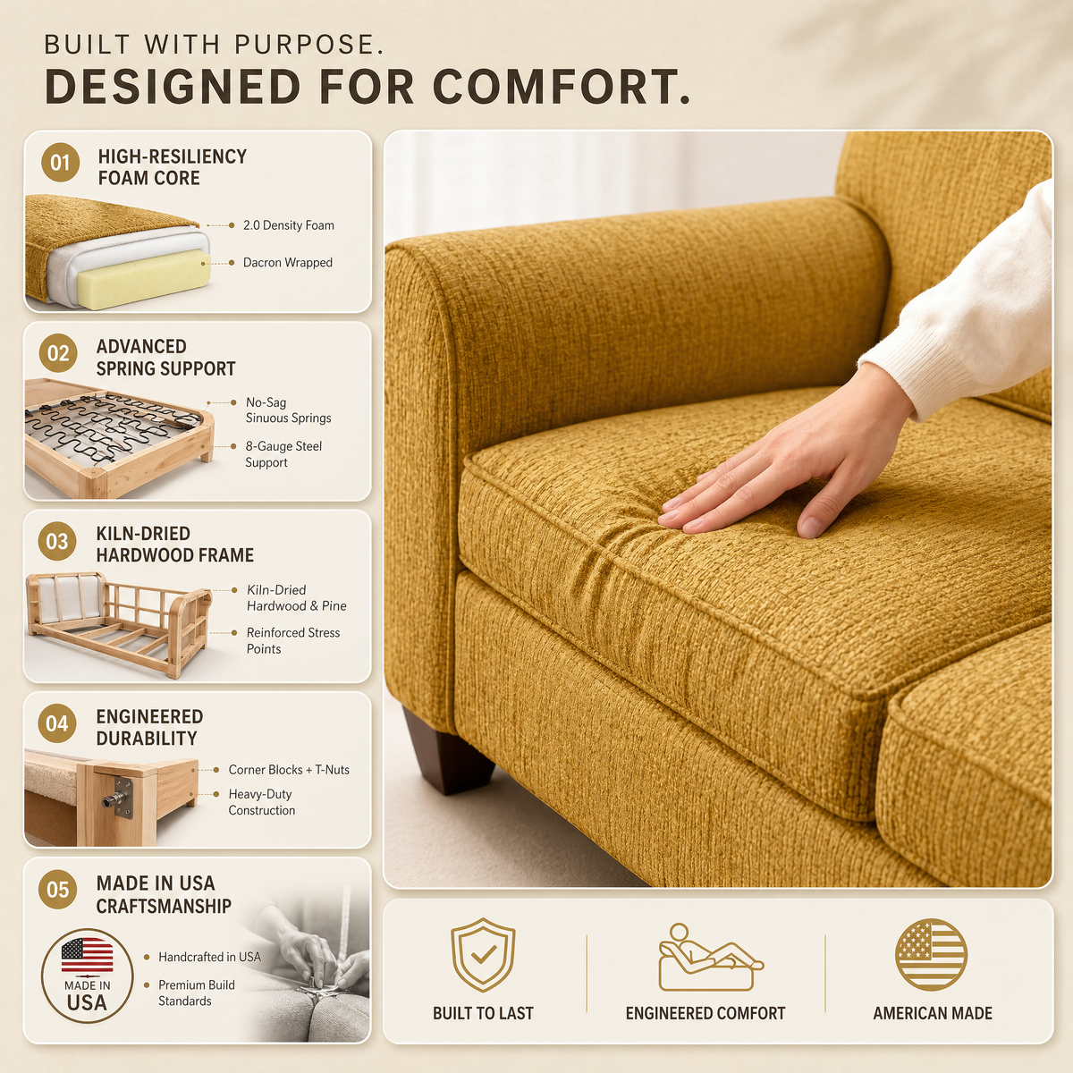 Augusta Sofa – Made in USA, Custom Fabric Options, 83" Classic Design - Hepburn Chai Tea - Fabric (12)