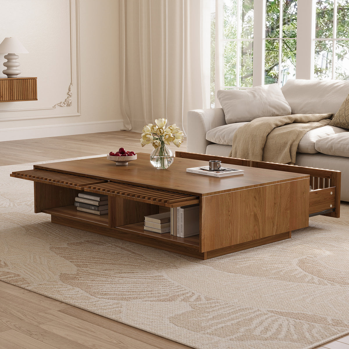 Mid Century Modern Solid Wood Coffee Table with Slatted Storage Drawers, Rectangular Low Profile Wooden Cocktail Table