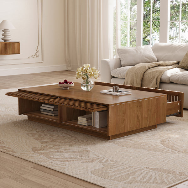 Mid Century Modern Solid Wood Coffee Table with Slatted Storage Drawers, Rectangular Low Profile Wooden Cocktail Table