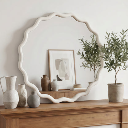 24 inch Wavy Round Solid Wood Frame Decorative Mirror