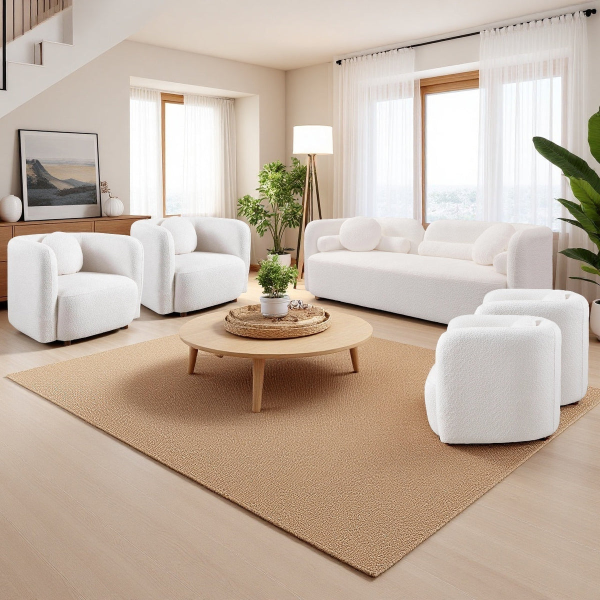 Gethin Boucle Sofa Set in White, Sofa + 4 Square Chairs