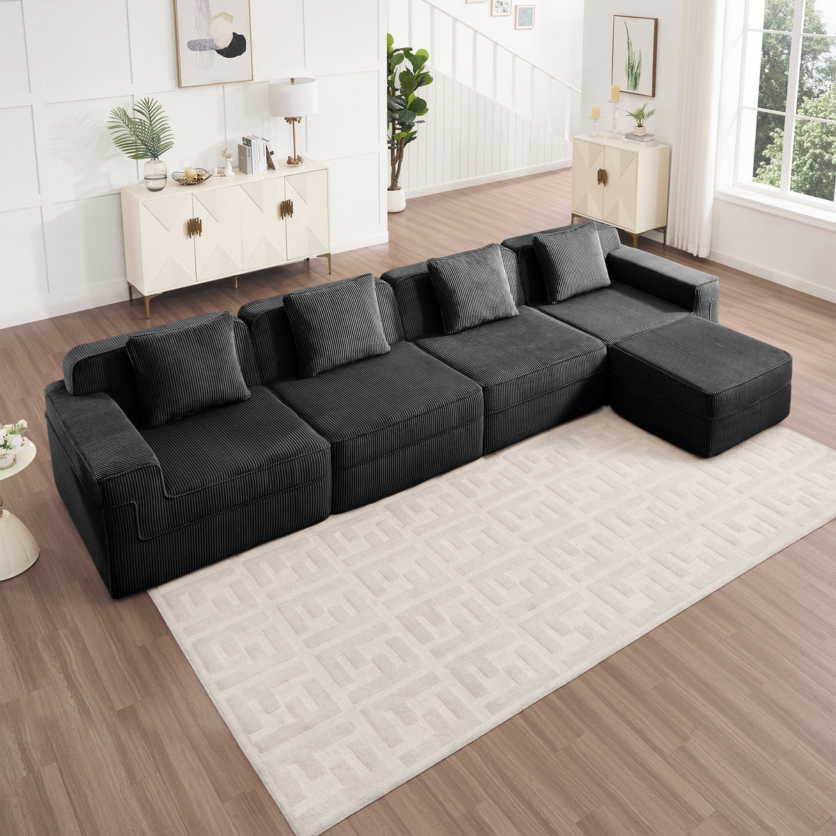 Modular 4 Seat L Shape Sectional Boneless Sofa, Corduroy Fabric Black