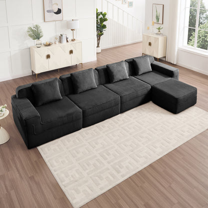 Modular 4 Seat L Shape Sectional Boneless Sofa, Corduroy Fabric Black