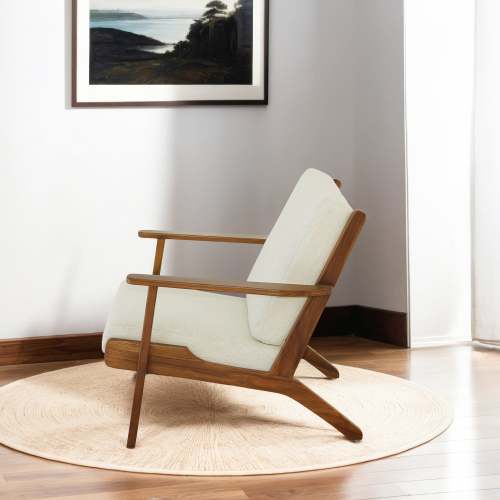 Connor Solid Wood Linen Armchair – Mid-Century Modern Lounge Chair (4 Colors) in a stylish setting.