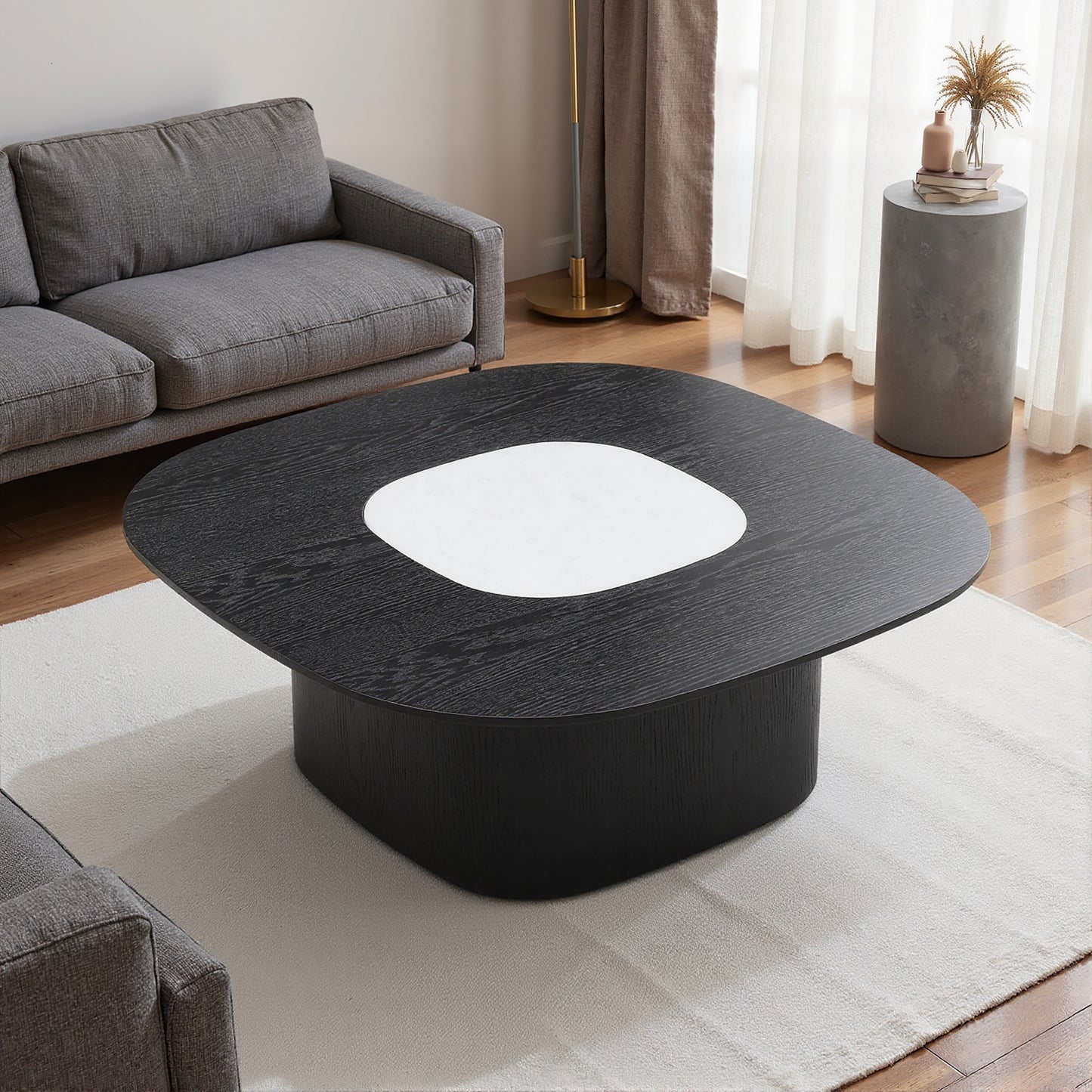 Livia Elm Veneer Oval Coffee Table – 35" Marble Inlay Top in Black