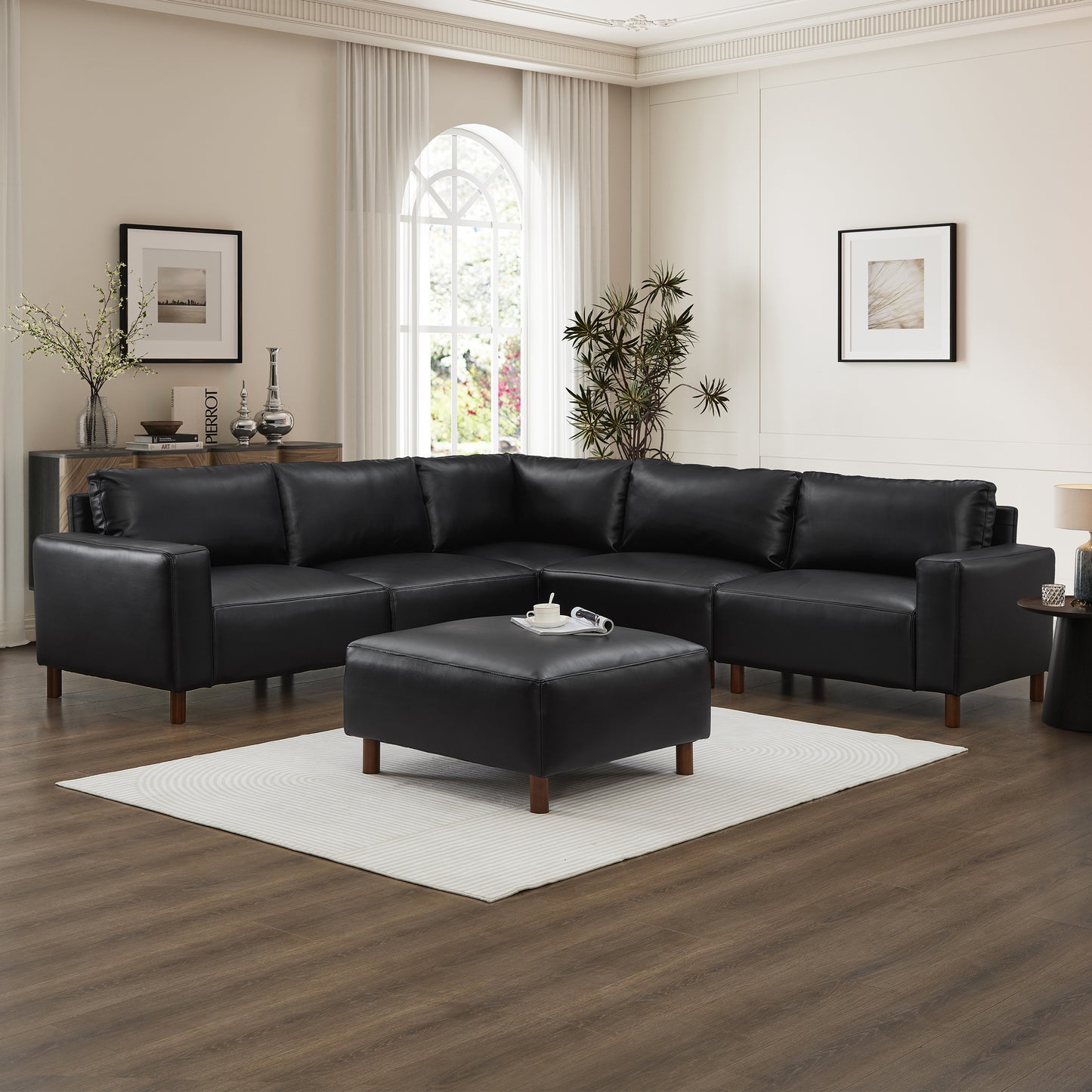 Perry Black PU Leather Modular Corner Sectional – 104" 5-Seat Couch with Ottoman