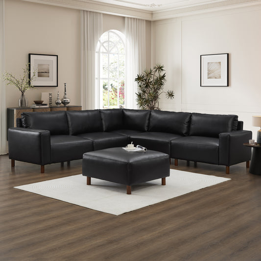 Perry Black PU Leather Modular Corner Sectional – 104" 5-Seat Couch with Ottoman