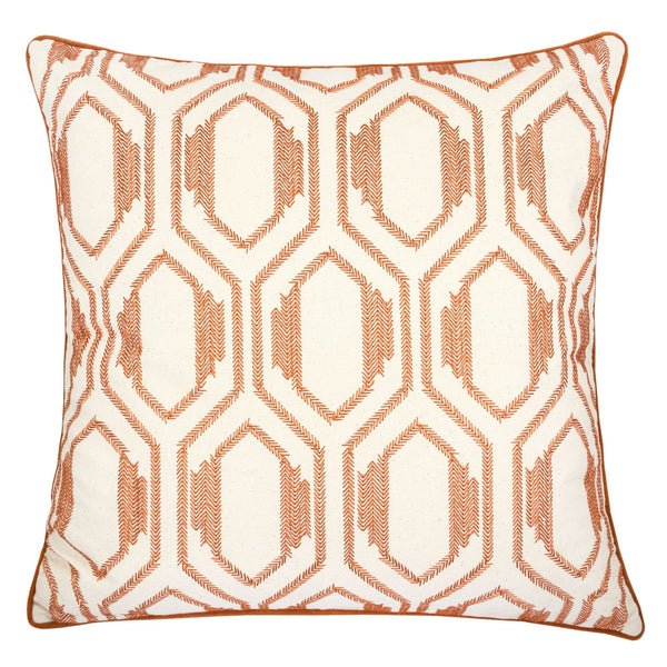Rust Geometric Embroidered Cotton Throw Pillow – Modern Accent in Natural Cotton with Burnt Orange Detail